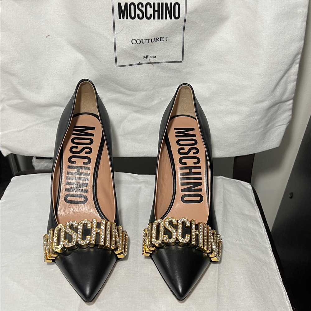 Moschino Black and Gold 85MM Heel Women's Shoes Slightly Worn Preowned